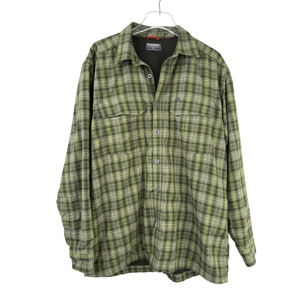 Simms Coldweather Shirt‎ Men's Large GREEN Plaid Flannel Waffle Fleece Lined